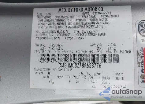 2008 Mercury Milan I4 Premier z USA, uszkodzony, nr VIN 3MEHM08Z78R633776